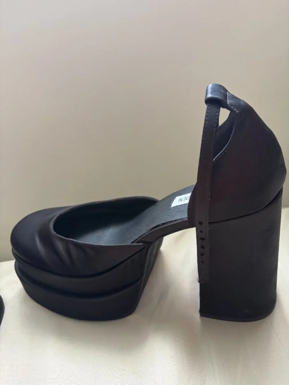 Steve Madden Charlize Black Satin Platform Heels with Ankle Strap